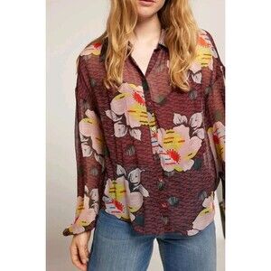 Joie Matilda Long Sleeve Floral Silk Sheer Button Down Blouse Oversized  Sz M